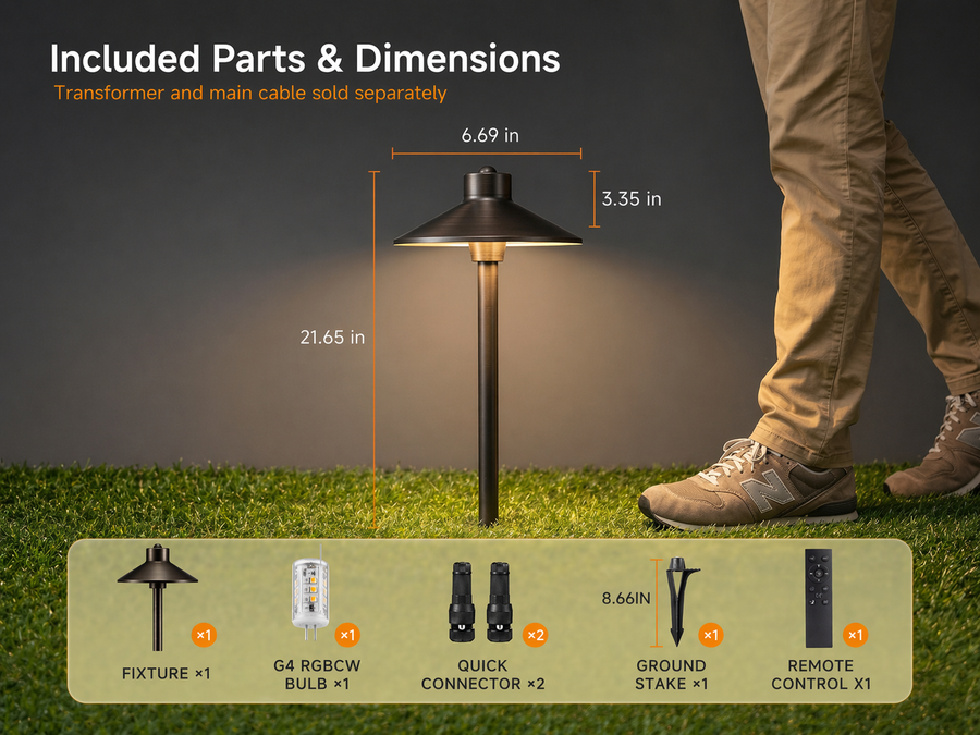 Gardenreet RGBCW Brass Path Light 2 Pack - Lamp Ready 12V Smart Low Voltage LED 2700K-6500K with App & Remote Control (Hat 2408) - Package Install QA Mobile 1
