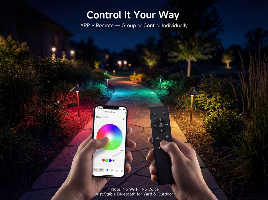 Gardenreet RGBCW Brass Path Light 2 Pack - Lamp Ready 12V Smart Low Voltage LED 2700K-6500K with App & Remote Control (Hat 2408) - Features Mobile 3