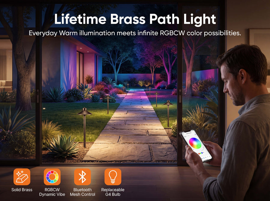 Gardenreet RGBCW Brass Path Light 2 Pack - Lamp Ready 12V Smart Low Voltage LED 2700K-6500K with App & Remote Control (Hat 2408) - Hero Mobile 1