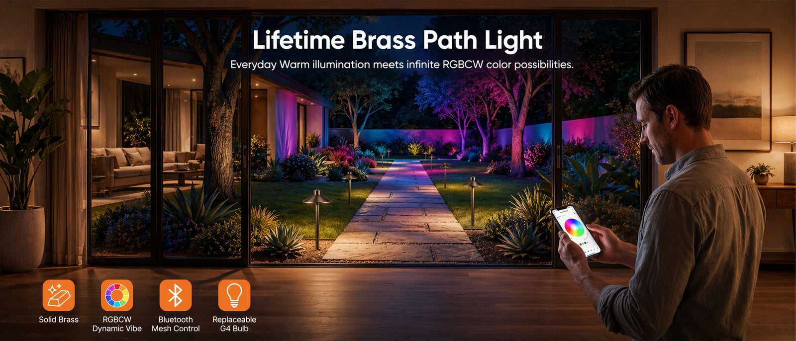Gardenreet RGBCW Brass Path Light 2 Pack - Lamp Ready 12V Smart Low Voltage LED 2700K-6500K with App & Remote Control (Hat 2408) - Hero Desktop 1